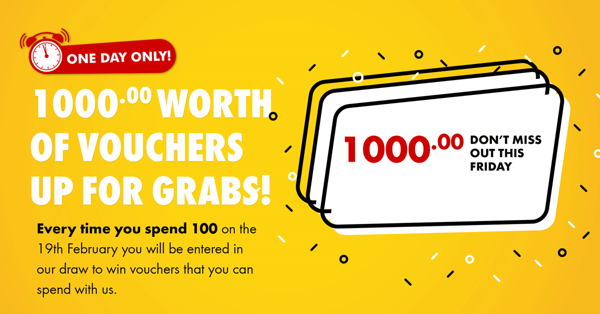 Spend 100 to enter our raffle for vouchers worth 500, 300 and 200!
