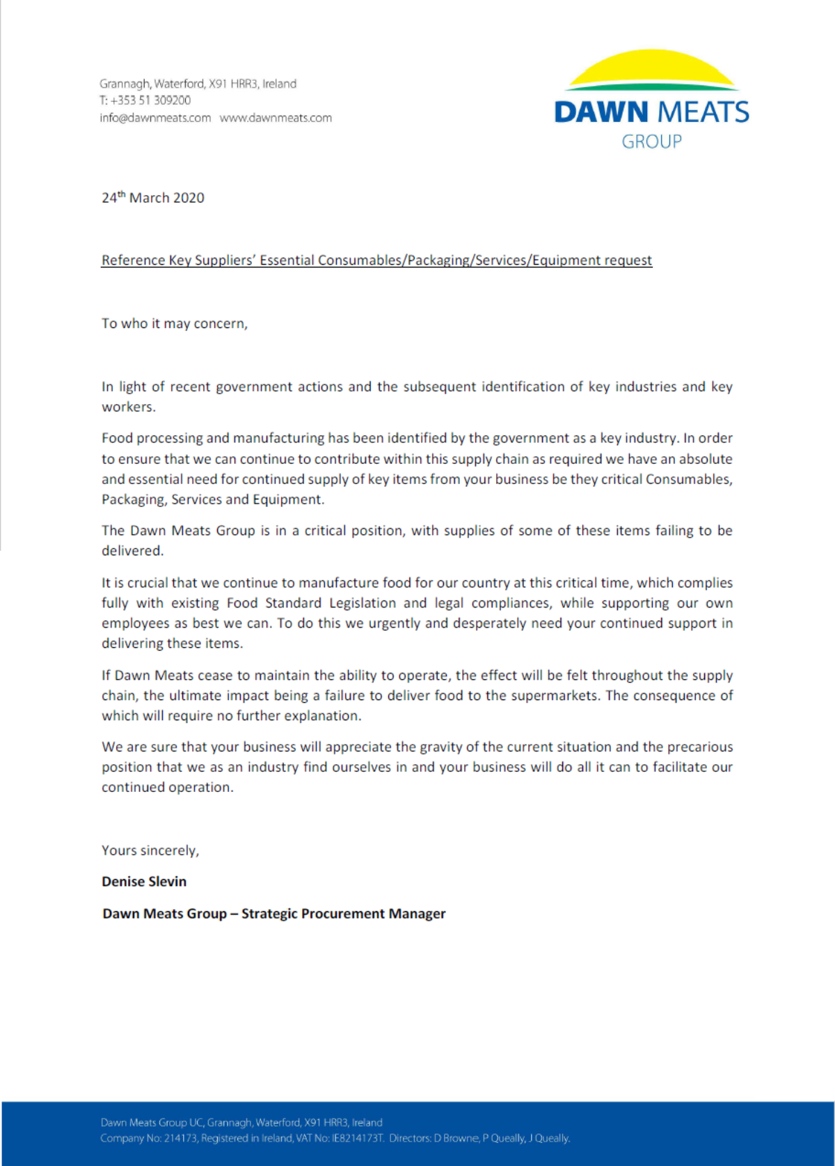 Appeal for Supply from Dawn Meats